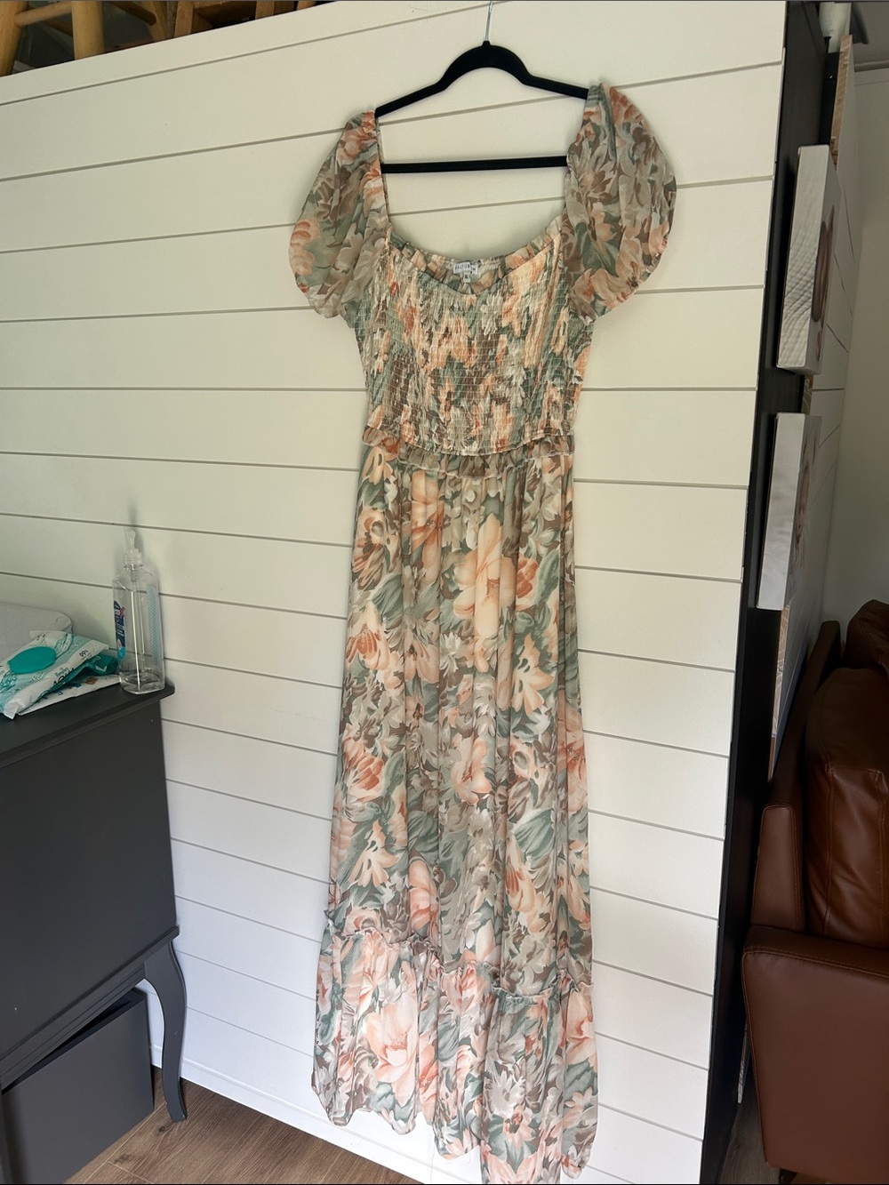 Baltic Born Sage Green and Peach Floral Puff-Sleeve Maxi Dress